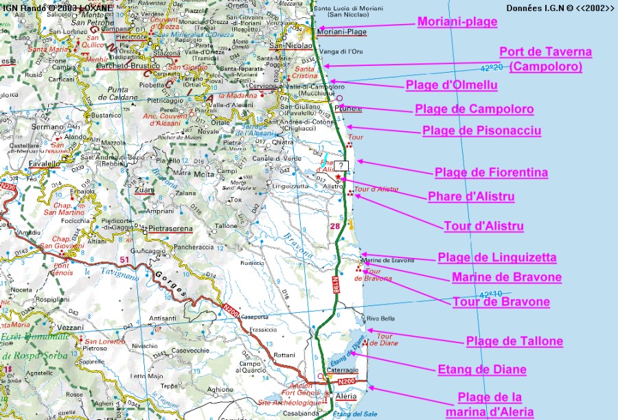 Carte du littoral d'Aleria à Moriani-plage