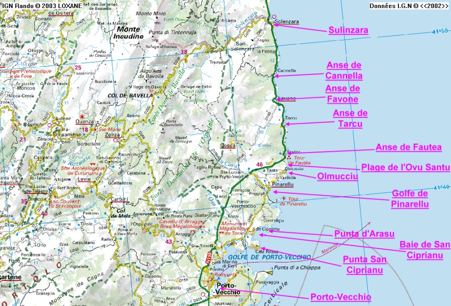 Carte du littoral de Porto-Vecchio à Solenzara