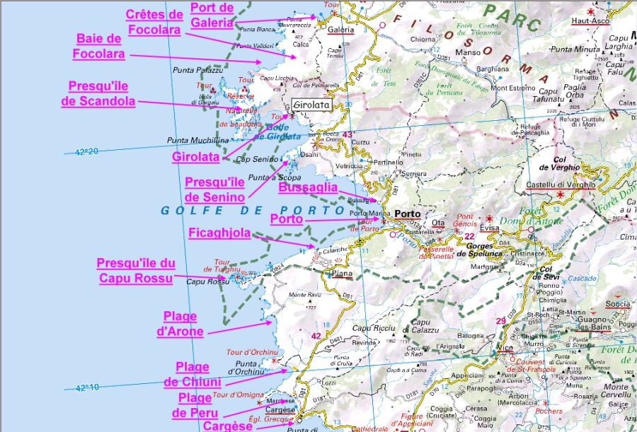 Carte des alentours du golfe de Porto